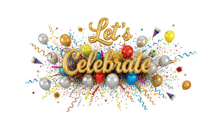 Festive celebration concept with balloons and confetti, isolated on white background.