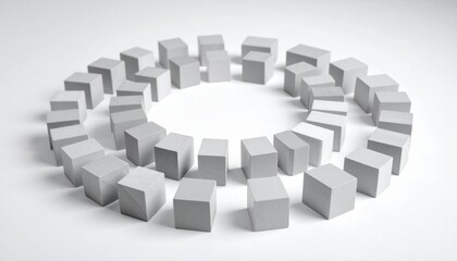 Circular arrangement of white wooden cubes symbolizing workflow and teamwork