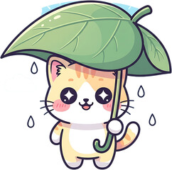 Cute cartoon cat holding a leaf umbrella in the rain.