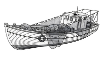 illustration of a fishing boat, clean white background, suitable for marine and nautical concepts.
