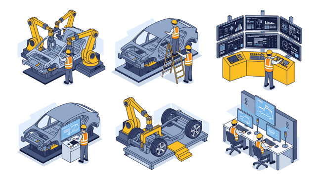 Manufacturing process in car factory with workers and robots