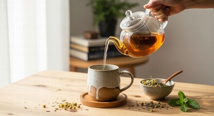 Warm Tea Pouring: A hand gracefully pours freshly brewed tea from a glass teapot into a ceramic mug on a wooden table, creating a moment of tranquility and warmth.