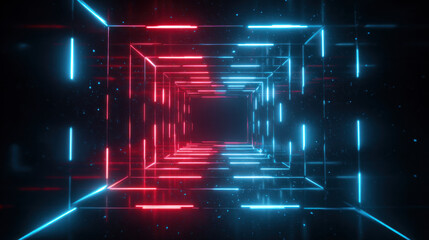 Abstract 3D tunnel with red and blue neon lines, creating a futuristic, cyberpunk-inspired perspective. Digital art with glowing grid and vibrant illumination, ideal for sci-fi concepts.