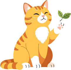 Cute cartoon orange tabby cat playing with a leaf.