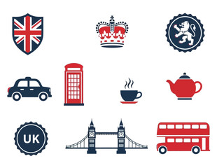 Collection of Iconic British Symbols in Flat Design Style, Representing United Kingdom Culture and Heritage © Mourning