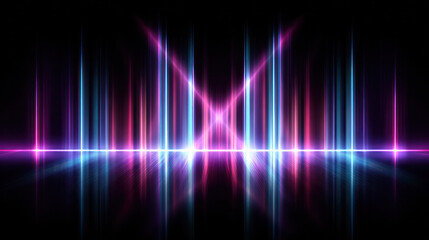 Abstract digital art with vibrant neon light bars and reflections on a dark background. Features pink, blue, and purple hues, evoking a futuristic, cyberpunk aesthetic.