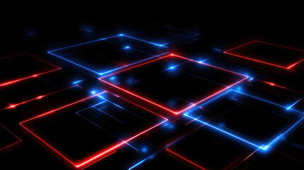 Abstract digital background with glowing red and blue neon-lit square grid. Futuristic, sci-fi style illumination, ideal for tech interfaces or cyber design concepts.