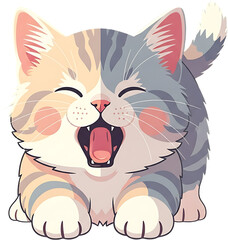 Cute cartoon kitten yawning widely with eyes closed.