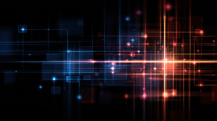 Abstract digital circuit board background with neon lights, blue and red hues, representing technology, data, and electronic systems in a futuristic design.