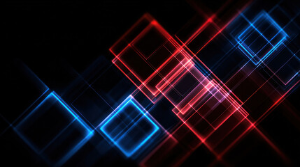 Abstract digital background with glowing red and blue neon cubes on black. Futuristic geometric design, suitable for tech interfaces, cyberpunk themes, or modern digital art projects.