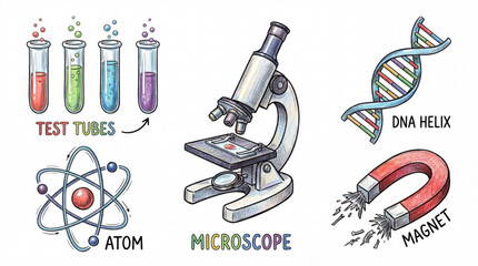 Science and chemistry education cartoon icons. Microscope, DNA helix, atom, magnet, and test tubes illustration