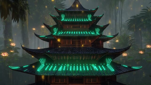 The Emerald Nusantara Jungle Circuitry
A  tropical-futuristic mosque inspired by Nusantara style, featuring a tiered roof with glowing emerald veins and batik mist.