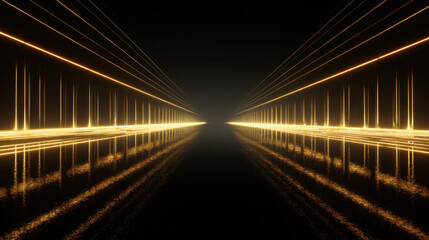 Abstract futuristic tunnel with glowing golden light lines, dark background, perspective view, reflections, and neon illumination, ideal for digital art, sci-fi concepts, and tech designs.
