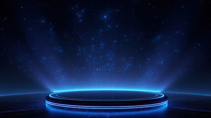 Futuristic blue neon-lit circular platform with starry space background. Perfect for digital event, virtual stage, or sci-fi presentation themes.