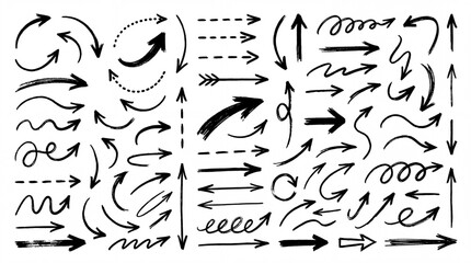 Hand drawn black arrow sketch set. Directional pointers, curved, and straight brush stroke design elements