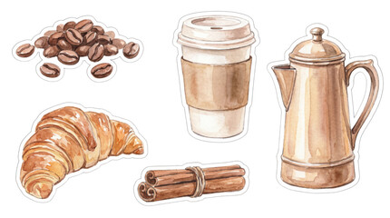 Coffee and breakfast watercolor set. Coffee beans, paper cup, croissant, cinnamon, and pot hand drawn illustration