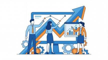 Business team analyzing web analytics on large monitor. SEO, data analysis, and financial growth concept