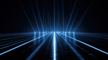 Abstract dark space with blue laser beams and glowing lines, creating a futuristic, minimalist, and technological visual effect, ideal for sci-fi and digital art concepts.
