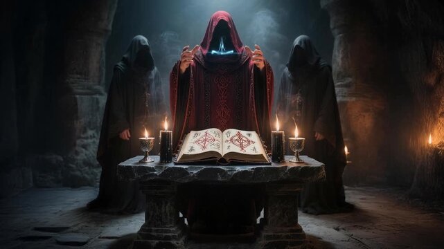 Dark hooded cult leader performing sinister ritual at ancient altar with candles fire and mysterious figures in shadowy cathedral atmosphere