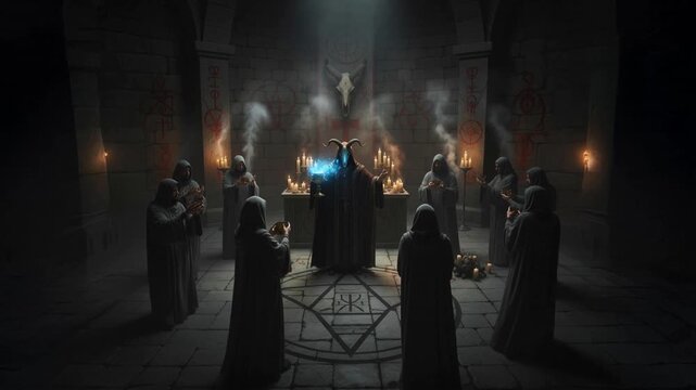 Hooded figures performing dark occult satanic ritual around altar with candles in atmospheric chamber, mysterious ceremonial gathering with dramatic lighting