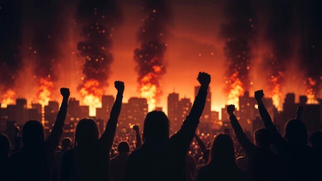 Animation of youth protesters silhouetted against raging fire during nighttime demonstration, dramatic scene of social unrest and civil activism with intense flames