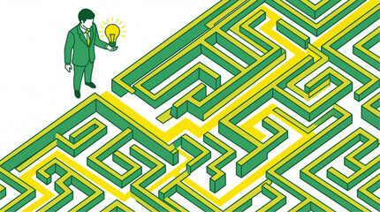Businessman holding light bulb finding solution in a maze. Business strategy, challenge, and problem solving concept isometric vector illustration