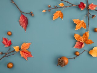 simple illustration of cozy stylized on wood autumn dried leaves, twigs and acorns, in blue, red and orange tones