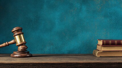 Legal Security Setting Features a Gavel, Law Books on a Wooden Table With a Blue Textured Background in a Professional Space