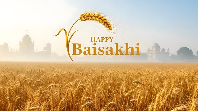 Happy Baisakhi greeting card with golden wheat field and festive Indian theme.