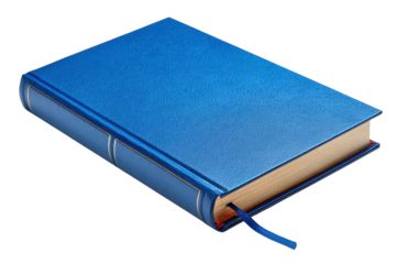 A collection of isolated blue, black, and old leather books and notebooks featuring blank paper covers for education, business, and literature studies