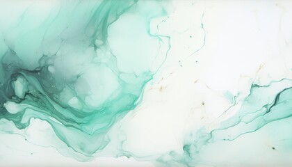 Abstract mint green marble texture with flowing ink and white space background teal