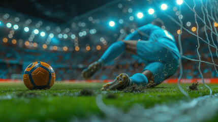 Low Angle Cinematic Action Shot of a Soccer Player Lunging for the Ball Near the Goal Net on a Stadium Pitch at Night with Bright Lights and Flying Turf