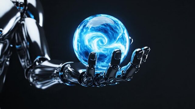 Futuristic robot hand holding glowing energy orb, representing innovation, technology, and the power of artificial intelligence