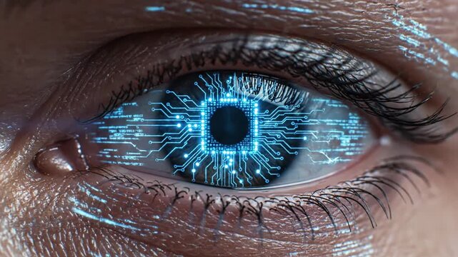 Futuristic vision with bionic eye implant for advanced technology and medical innovation, showing enhanced human capabilities and digital integration