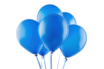 Bunch of bright blue balloons floating against a solid black background party celebration