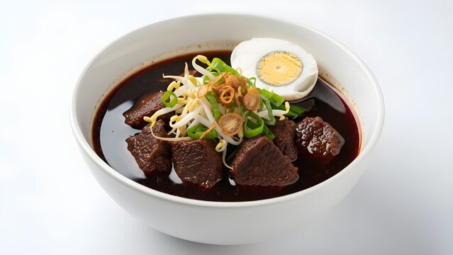 A bowl of traditional Indonesian dark beef soup, Rawon, garnished with bean sprouts, green onions, fried shallots, and a hard-boiled egg.