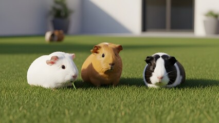 Cute guinea pigs eating grass together outdoors | Adorable pet group. Three adorable guinea pigs of different colors — white, light brown, and black-and-white — sitting close together on green grass