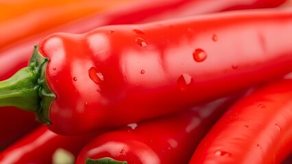 Close-up view of fresh red chili peppers with water droplets, vibrant and spicy.
