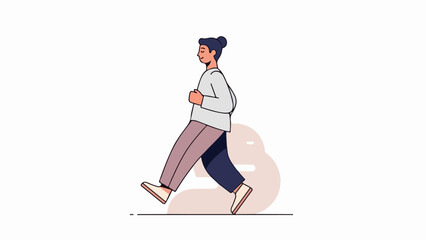 Fototapeta premium Dynamic portrait illustration of a woman in mid-stride with a beige-to-peach gradient background