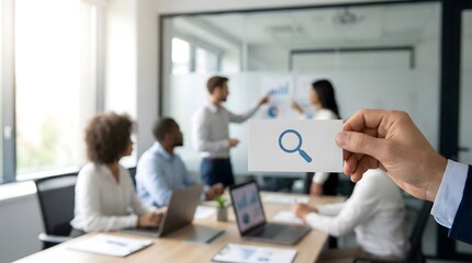 Business Analysis and Strategy Meeting with Magnifying Glass Icon
