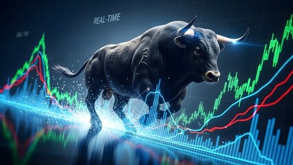 Bullish market trend with powerful bull and dynamic stock charts