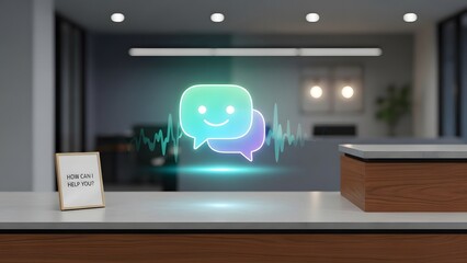 Modern office reception desk with chatbot interface and friendly customer support message