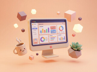 3D render of a desktop monitor displaying a data analytics dashboard with charts, graphs, coffee, and plant, surrounded by floating geometric shapes.