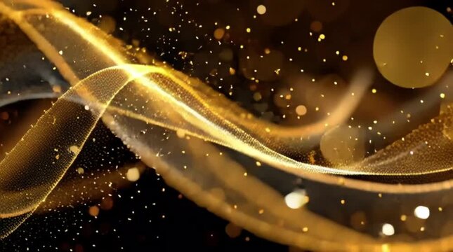 Ondas doradas abstractas con part&iacute;culas brillantes y destellos sobre un fondo oscuro, creando una atm&oacute;sfera de lujo y celebraci&oacute;n.