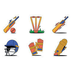 Cricket Equipment Icons Collection for Professional Tournament