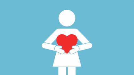 Minimalist illustration of a female silhouette holding a red heart on a light blue background