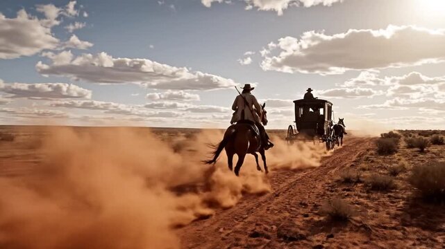 Rural landscape with horseback rider and tractor on a dusty dirt road under a cloudy sky