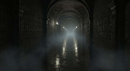 Obraz premium Dark Stone Castle Corridor with Fog – Medieval Dungeon Hallway Background Image