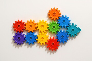 Arrow of Ingenuity: A vibrant, colorful arrow formed from interlocking cogs suggests progress, innovation, and interconnectedness. It's a symbol of dynamic movement, direction, and teamwork.