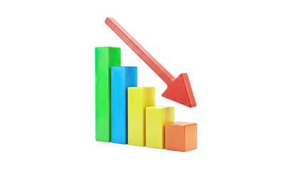 3D Bar Chart Showing Decline with Red Downward Arrow